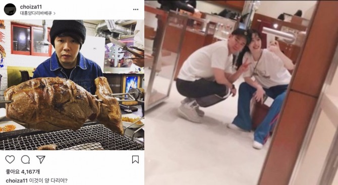 설리가 양다리를 걸쳤다는 의혹이 SNS를 통해 빠르게 확산되고 있다. 최자가 인스타그램에 게시한 이것이 양 다리여?라는 제목이 의미심장하다는게 누리꾼들의 추측이다. 좌측은 과거 설리와 김민준 디렉터가 함께한 사진. 사진=최자 인스타그램