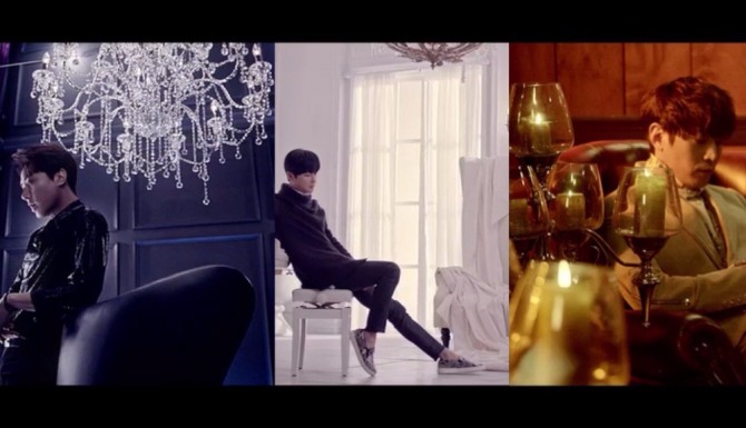 앤디, 혜성, 에릭 세사람의 장면에 공통적으로 나오는 샹들리에. 앤디와 혜성은 천장에 에릭은 바로 옆에 샹들리에가 있다. /출처=신화 TOUCH M/V 화면