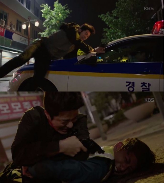 두 발의 사격 후 하완승(권상우 분)은 그대로 돌진해 살인범을 검거했다. /출처=KBS방송화면