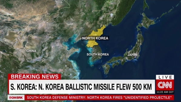 북한의 탄도미사일 발사와 관련 유엔 안보리가 오는 23일(현지시간) 긴급회의를 열고 북한의 미사일 도발 대응방안을 마련하고 대북제재를 강화한다는 방침이다 / 사진=CNN 방송 화면 캡처