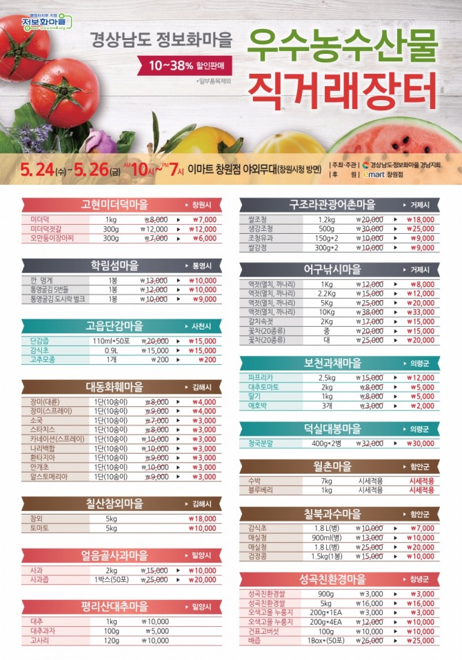 경남도는 도내 27개 정보화마을이 참여하는 우수농수산물 직거래장터를 오는 24일부터 3일간 이마트 창원점 야외무대에서 개최한다. 경남도=제공
