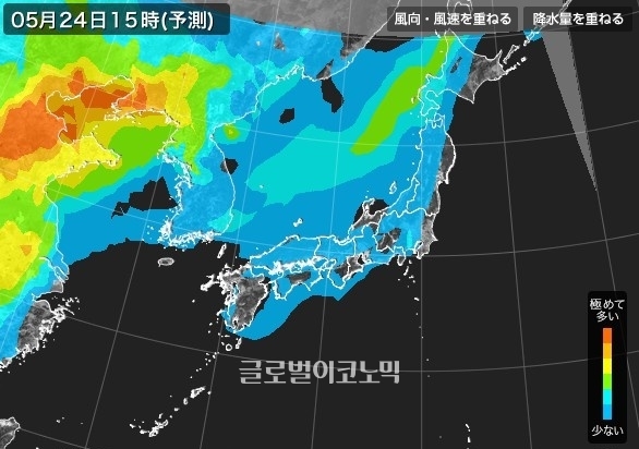 24일 한반도 전역의 초미세먼지 농도는 '좋음' 단계를 보이고 있다 / 사진=일본기상협회