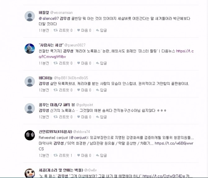 24일 김무성 바른정당 의원이 일명 ‘노룩 패스’ 캐리어 논란에 대해 “그게 이상하게 보이느냐”고 반문하자 누리꾼들이 반응을 내놓고 있다. 사진=다음 트위터 캡처 