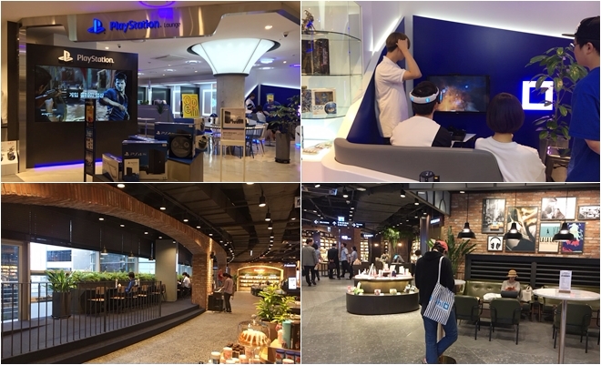 현대시티몰 가든파이브점은 ‘아울렛(Outlet)’과 ‘전문몰(Mall)’이 결합됐다. 아울렛관 4층에는 국내 최초로 약 40평 규모의 ‘플레이스테이션 라운지’(위)가 문을 열었다. 몰관 4층에는 약 500평 규모의 라이브러리형 교보문고(아래)가 들어섰다. 사진=한지명 기자