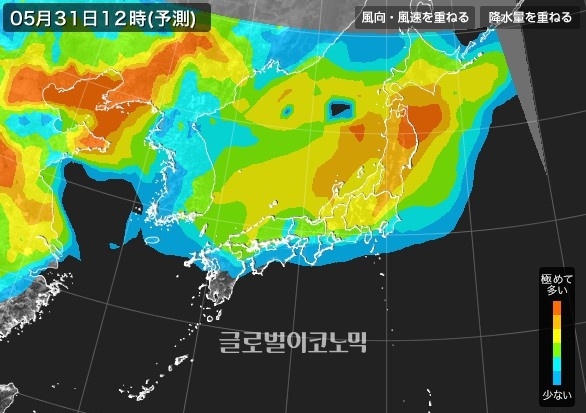 한반도에 위치했던 초미세먼지가 동해와 일본으로 이동하면서 31일에는 대부분 지역에서 '보통'에서 '좋음' 상태가 예상된다 / 사진=일본기상협회
