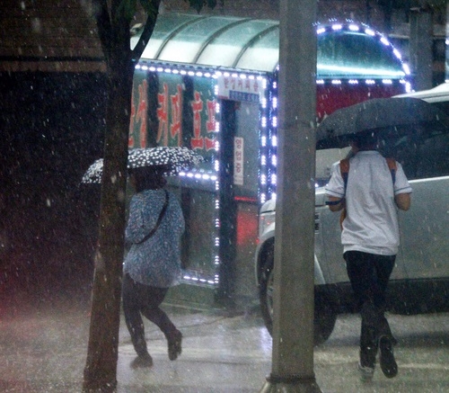 지난 1일 오전 서울 서초구 일대에 우박을 동반한 소나기가 내리자 시민들이 우산을 쓰고 바쁜 걸음을 옮기고 있다. /뉴시스