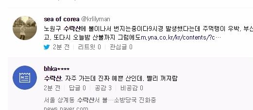 서울 노원구 상계동 수락산에 1일 오후 9시8분쯤 산불이 발생했다. 사진=네이버 댓글 모음