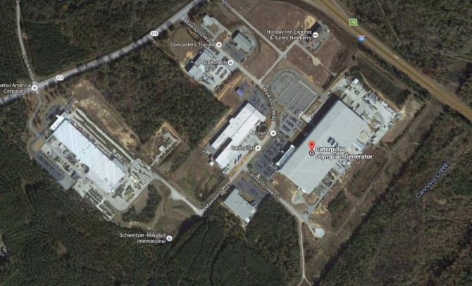 삼성이 미국 생산시설을 확장하기 위해 사우스캐롤라이나 뉴베리에 있는 캐터필라 공장을 낙점할 가능성이 높은 것을 나타났다. 자료=구글맵