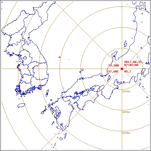 기상청은  25일 오전 7시 2분께 일본 야마나시현(혼슈) 고후 서북서쪽 91km 지역에서 규모 5.7의 강진이 발생했다고 밝혔다./기상청