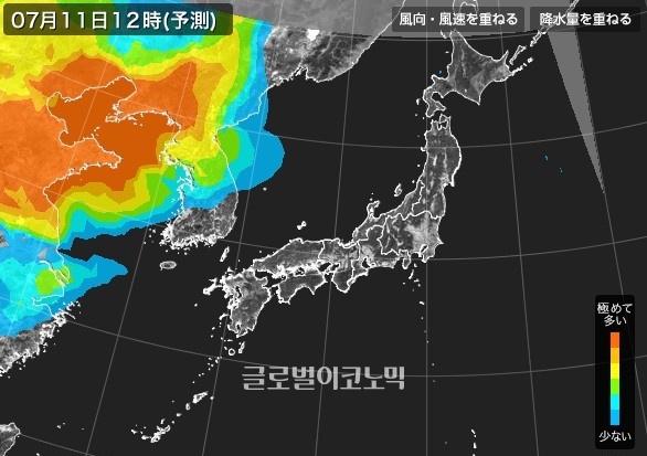 맑게 개인 한반도 대기질은 오늘까지다. 11일부터 장마전선이 소강상태에 접어들며 중국에서 대기오염물질이 유입돼 서울·경기 등 수도권과 강원 지역의 초미세먼지가 '한때 나쁨'에서 '나쁨' 단계를 보일 것으로 전망된다 / 사진=일본기상협회