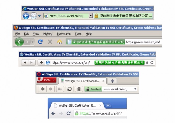 Internet Explorer, Firefox, Safari, Opera 및 Chrome에서 EV 모습. 자료=WoSign