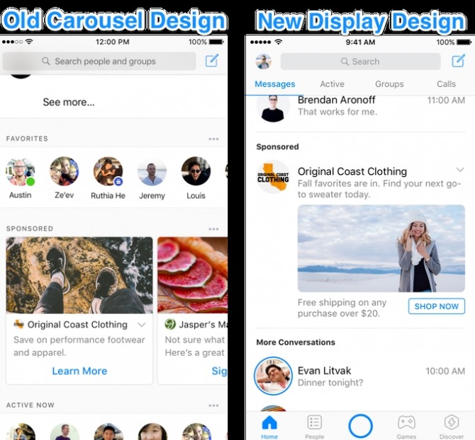 페이스북 메신저 광고가 초기 스크롤링에서 시작해 싱글 플레이 디자인으로 진화했다. 자료=테크크런치