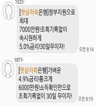 이들은 홈페이지뿐만 아니라 문자 메세지를 통해서도 사기 대상을 확대했다. 각종 정책성 자금 지원 문자 메세지는 100% 사기다. 사진=금융감독원