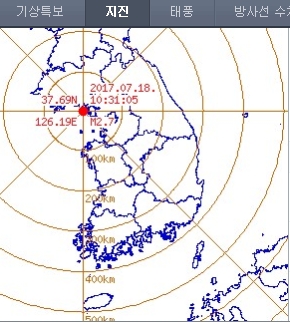 기상청은 18일 오전 10시 31분에 인천 강화 부근 서남서쪽 27㎞ 해역에서 규모 2.7의 지진이 발생했다고 발표했다./기상청