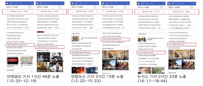네이버가 밝힌 2015년 5월 15일 관련 기사들의 모바일 뉴스 메인 화면 이력.