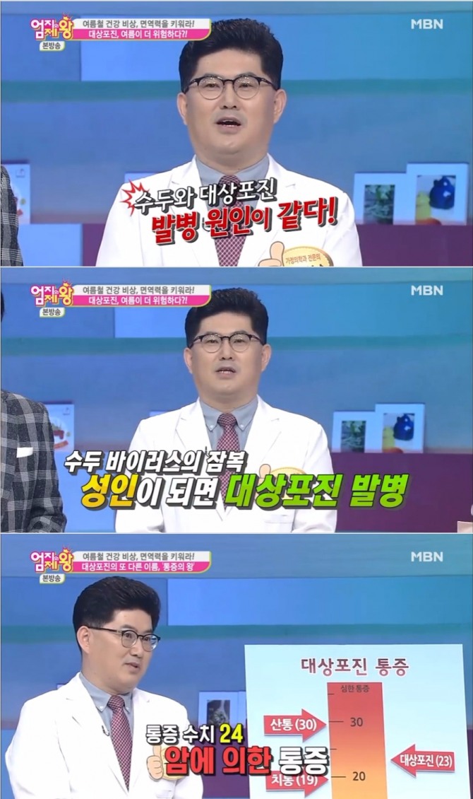 18일 밤 방송된 MBN '엄지의 제왕'에서는 김규남 전문의가 출연, 대상포진 예방법과 여름철 대상포진의 위험성을 설명했다. 사진=MBN 방송 캡처 
