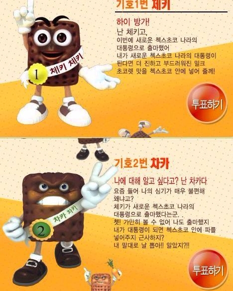 켈로그 '초코나라 대통령 선거' 이벤트 당시 후보들. 켈로그는 1번이 당연히 당선될 줄 알았겠지만 이를 간파한 누리꾼들은 기호 2번에 몰표를 던졌다.