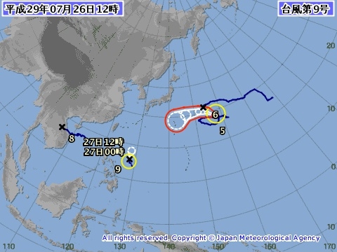 26일 정오께 필리핀 동쪽 해상에서 발생한 9호 태풍 네삿(NESAT)은 27일 오전 12시께 필리핀 동쪽 해상으로 진행할 것으로 예상된다. 반면 21일 발생한 5호 태풍 ‘노루’(NORU)는 세력이 확대되며 27일 오전 9시에 일본 동쪽 해상, 29일 오전 9시에는 오가사와라제도에 도달할 것으로 일본 기상청이 예측했다 / 사진=일본 기상청