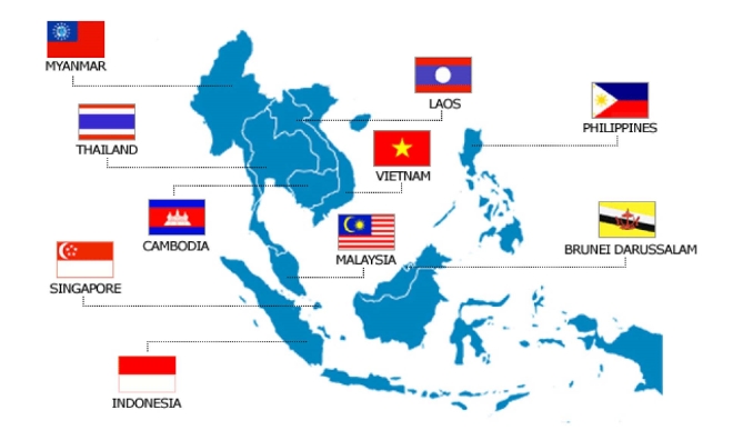 인도네시아·말레이시아·필리핀·싱가포르·태국 등 5개국을 중심으로 설립을 선언한 아세안은 이후 브루나이·베트남·라오스·미얀마, 1999년 캄보디아가 마지막으로 합류하며 현재의 10개국 체제를 갖췄다 / 자료=Wikimedia