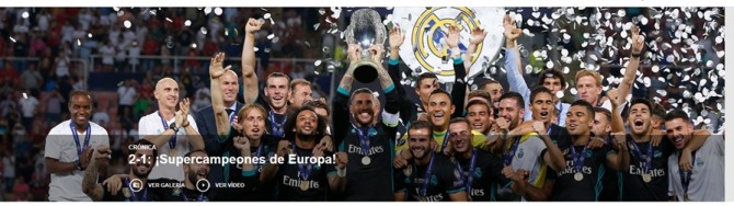 레알 마드리드(스페인)가 9일(한국시간)맨체스터 유나이티드(영국)를 꺾고 유럽축구연맹(UEFA) 슈퍼컵 우승을 차지했다.레안 선수단은 지난해 1월 부임한 지네딘 지단 감독에게 6번째 우승 트로피를 선사했다./사진=레알마드리드 홈페이지