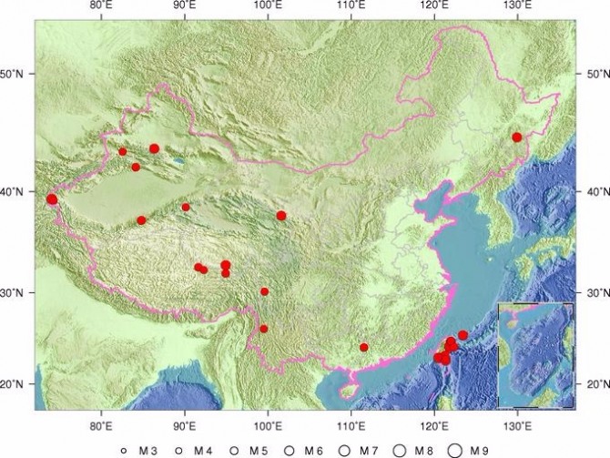 2016년 중국 규모 5 이상 강진 발생지. 자료=국가지진국