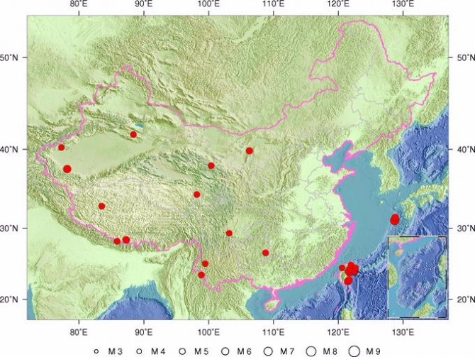 2015년 중국 규모 5 이상 강진 발생지. 자료=국가지진국