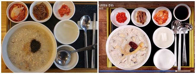 본죽 ‘삼계전복죽’ 실제 메뉴(왼쪽)와 마케팅 이미지.