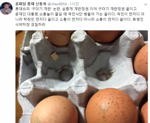 살충제 달걀 논란이 채 가시기도 전에 서울지역 롯데슈퍼 판매 계란에서 유충이 대거 발견돼 논란이 확산될 조집이 보이고 있는 가운데 공화당 신동욱 총재가 트위터를 통해 꼬집었다. 사진=신동욱 트위터  