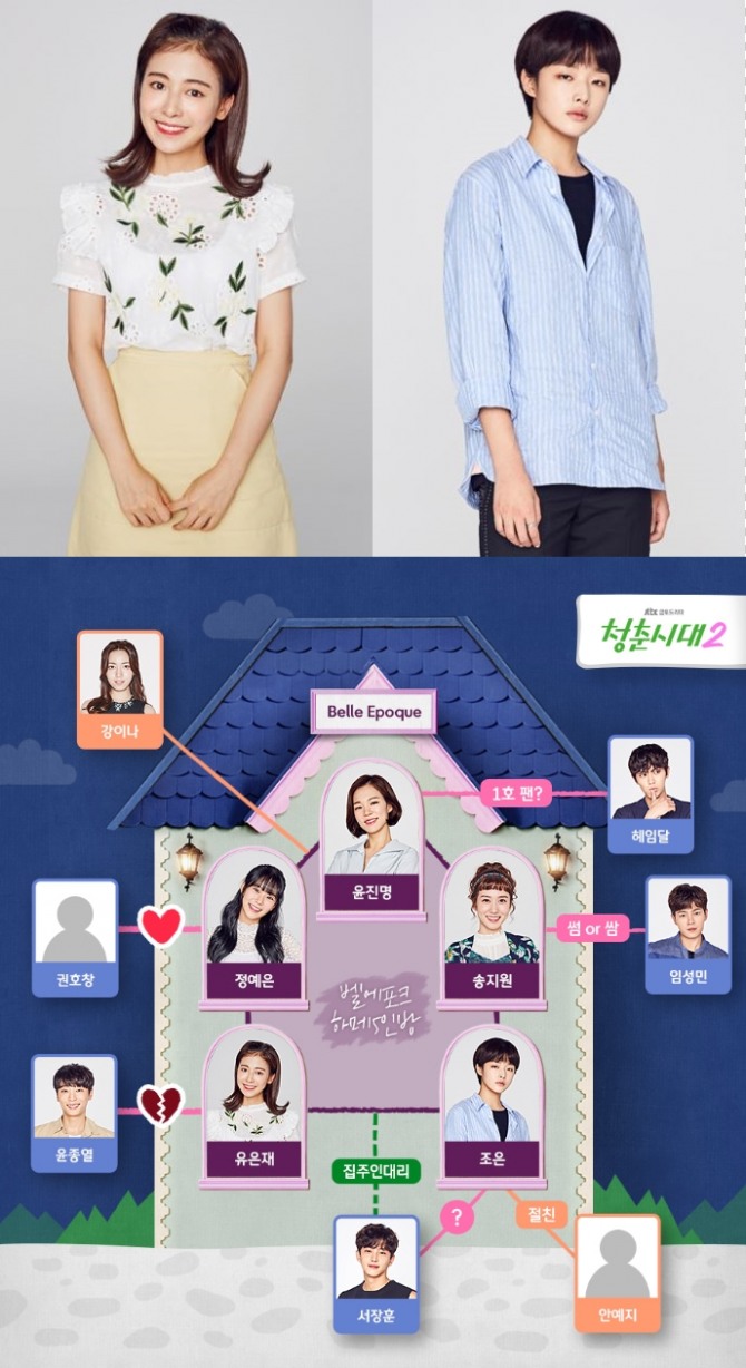 '품위있는 그녀' 후속 '청춘시대2' 첫 방송, 꼭 확인해야 할 것? 지우·최아라 등장인물관계도...8월 25일(금요일) 종합편성 채널 JTBC 편성표에 따르면 밤 11시 JTBC 금요/금토/주말드라마 ‘품위있는 그녀’ 후속 드라마 ‘청춘시대’ 시즌2가 첫 방송된다. /사진=JTBC 금요/금토/주말드라마 ‘품위있는 그녀’ 후속 드라마 ‘청춘시대’ 시즌2 공식홈페이지 등장인물 스틸컷 & 등장인물 관계도('청춘시대2' 출연자: 한예리, 한승연, 박은빈, 지우, 최아라, 김민석, 안우연, 손승원, 신현수, 류화영)