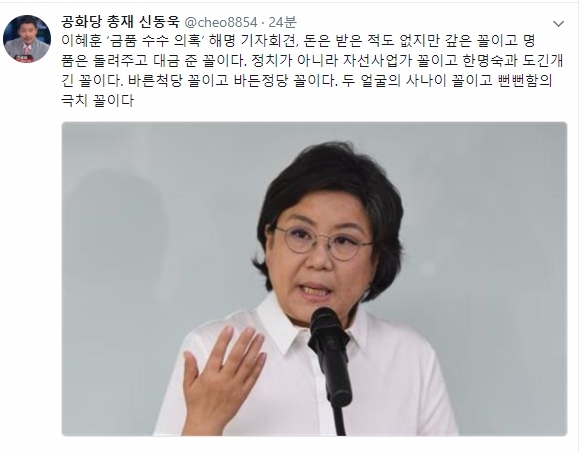 바른정당 이혜훈 대표가 31일 사업가 A 씨로부터 수천만원대의 금품을 받았다는 의혹에 대해 금전이 오고 갔지만 지금은 다 갚았다. 총 오고 간 금액은 6000만원 정도다라고 밝힌데 대해 공화당 신동욱 총재가 트위터 글을 남겼다. 사진=신동욱 트위터