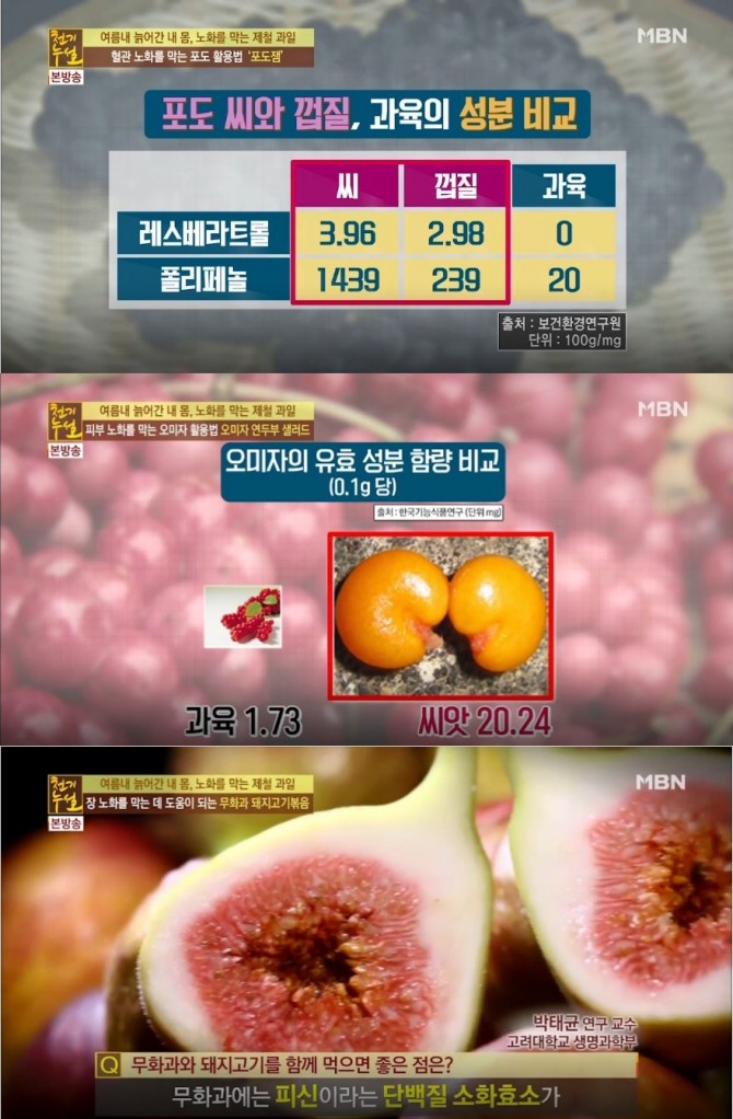 '천기누설' 혈관피부 노화방지 제철음식! 고혈압·장염·변비에 좋은 음식…포도·오미자·무화과 효능효과...MBN ‘천기누설’ 274회에서는 ‘여름내 늙어간 내 몸, 노화를 막는 제철과일’이라는 주제로 관련 건강정보를 전했다. 또한 포도 섭취로 나트륨 배출을 도와 고혈압을 완화시켰다는 한복임 씨는 설탕 없이 포도잼(포도쨈) 만드는 법을 공개했다. /사진=MBN '천기누설' 274회 <여름내 늙어간 내 몸, 노화를 막는 제철과일’> 편 방송캡처
