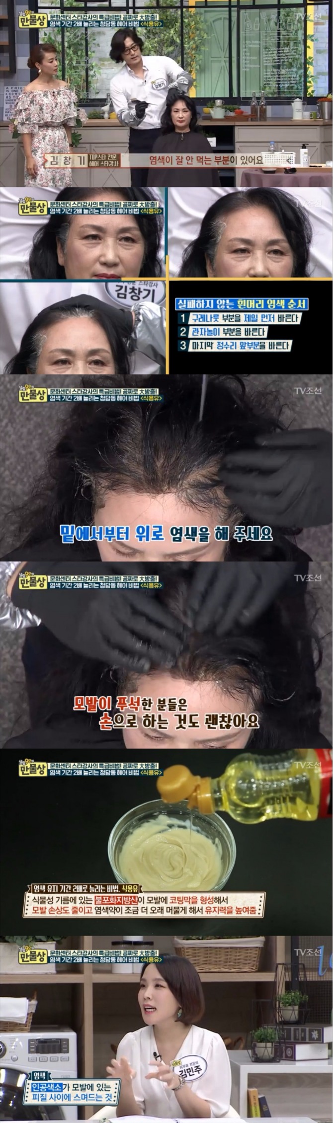 지난 3일 방송된TV조선 '살림9단의 만물상'에서는 김창기 헤어전문 강사가 출연, 식용유를 이용한 염색 비법과, 염색을 할때는 아래에서 부터 위로 염색하는 것이 좋다고 조언했다. 사진=TV조선 방송 캡처