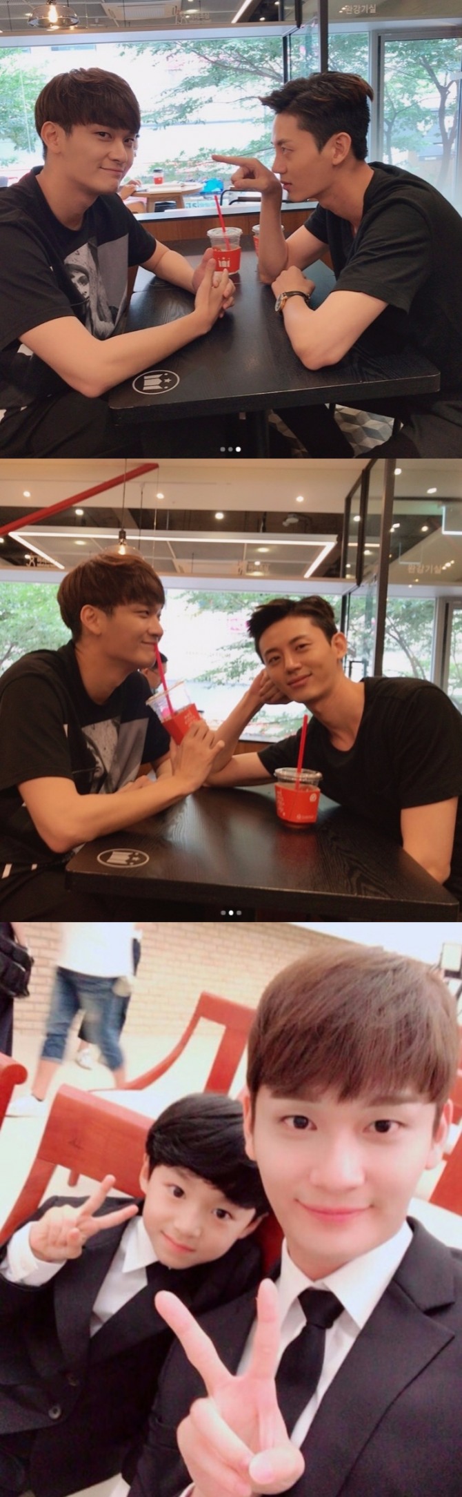 SBS주말드라마 '언니는 살아있다'에서 조윤우(구세준 역)과 이지훈(설기찬 역), 아역 김승한(조용하 역)의 다정한 모습을 담은 비하인드 컷. 사진=조윤우 인스타그램 캡처