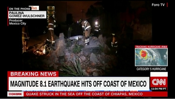 멕시코에서 규모 8 강진이 발생한지 약 3시간 반이 경과하면서 사망자 수가 5명으로 늘어나고 있다. 밤늦은 시간에 지진이 발생해 인명피해가 클 것으로 전망되는 가운데 엔리케 페냐 니에토 멕시코 대통령은 국가 비상사태를 선포하는 등 시민 보호에 만전을 기하겠다고 밝혔다 / 사진=CNN 캡처 