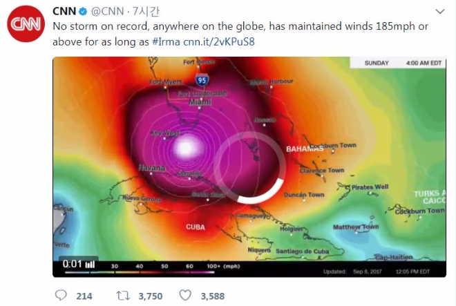 미국 CNN 뉴스 트위터에는 9일 허리케인 어마 접근에 대해 “이 같은 폭풍이 기록에도 지구상 어디에도 없다(No storm on recod, anywhere on the glove).”는 글을 게재했다. 현재 허리케인 어마 접근으로 플로리다는 500만명에게 강제 대피령을 지시한 상황이다. 사진=미국 CNN 트위터