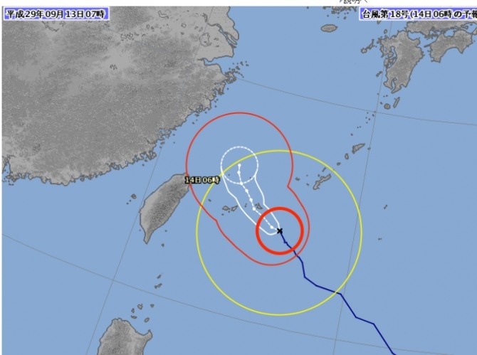 13일 오전 7시에 발표된 일본 기상청 태풍 영상 화면을 보면 18호 태풍 탈림의 이동경로가 제주와 서해안등 한반도를 향할 것으로 예상돼 태풍 탈림 피해에 대비해야 할것으로 지적된다./사진=일본 기상청