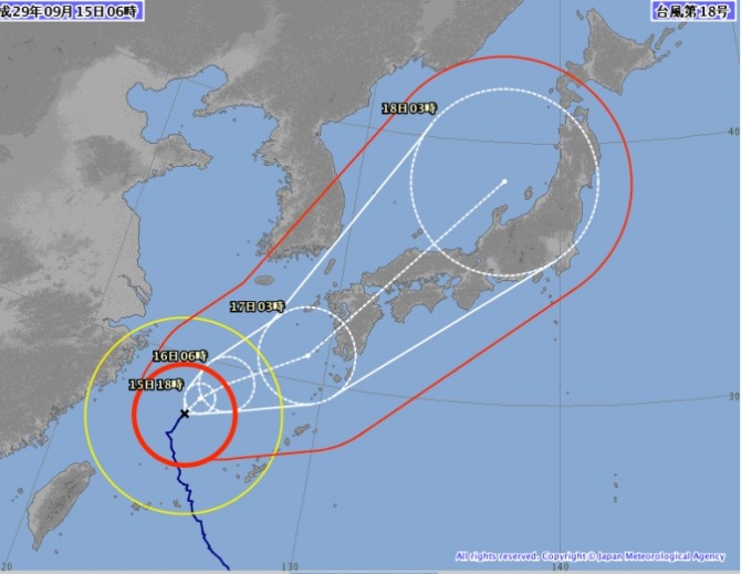 초강력 태풍인 제18호 태풍 탈림(TALIM)이 17일 오후 6시 일본 오사카를 거쳐 18일 센다이로 이동할 것으로 예보됐다./사진=일본기상청