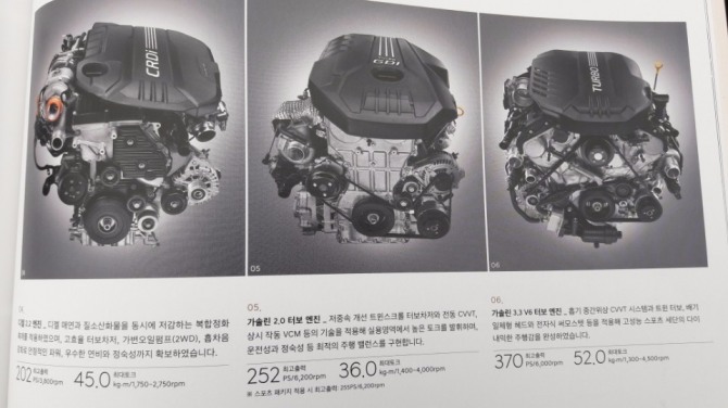 제네시스 G70의 3개의 엔진. (왼쪽부터 디젤 2.2 , 가솔린 2.0터보, 가솔린 3.3 터보 엔진)