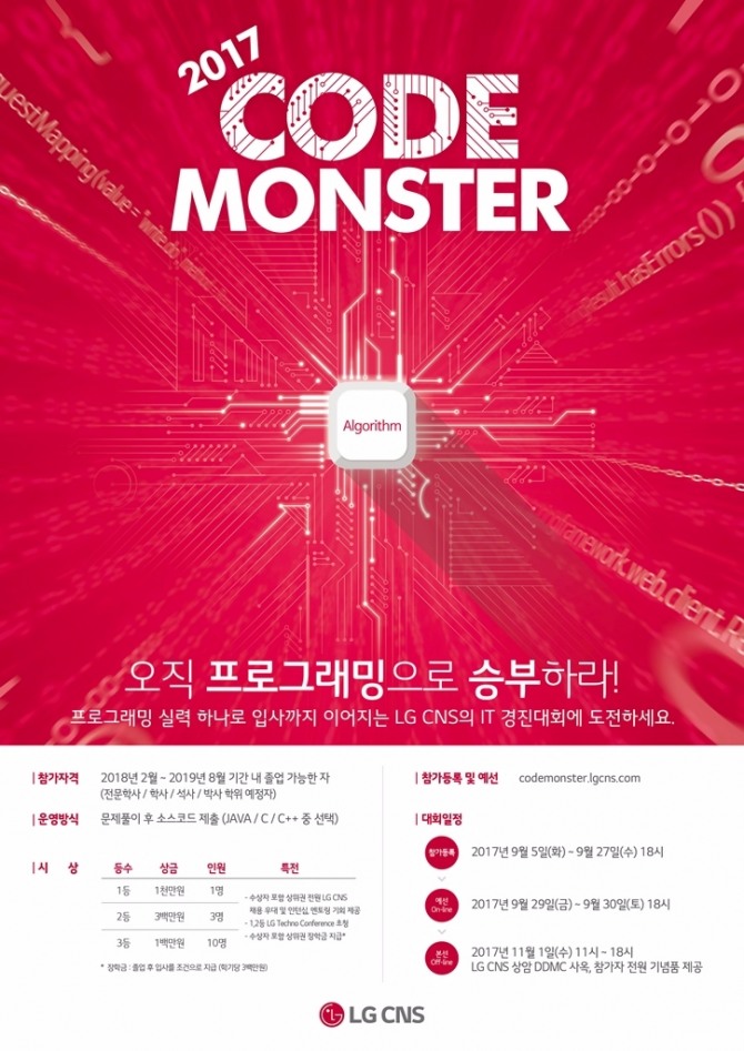 LG CNS가 컴퓨터 프로그래밍(코딩) 실력이 우수한 대학생들을 발굴하기 위해 코딩 경진대회 ‘코드 몬스터(Code Monster)’를 개최한다.