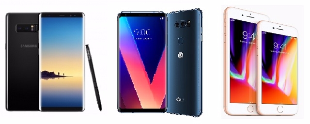 갤럭시노트8(왼쪽부터)과 V30, 아이폰8.