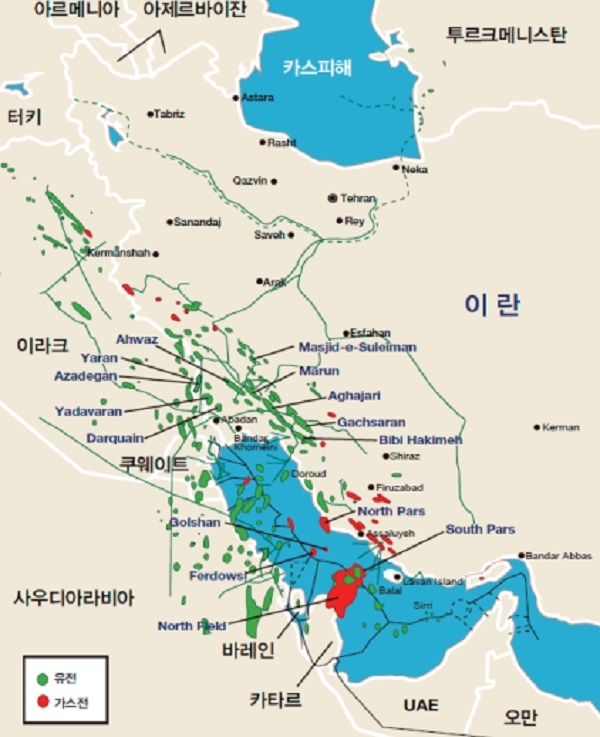 이란 주요 유전과 가스전 지도. 자료=한국수출입은행. 