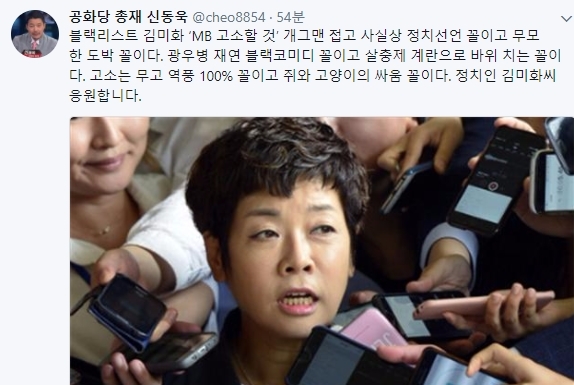 이명박 정부 시절 이뤄진 일명 '문화계 블랙리스트' 피해자 중 한 명인 방송인 김미화(52)씨가 19일 검찰에 출석해 국민사찰이 실화냐고 말한 것에 대해 공화당 신동욱 총재가 트위터 글을 남겼다. 사진=신동욱 트위터
