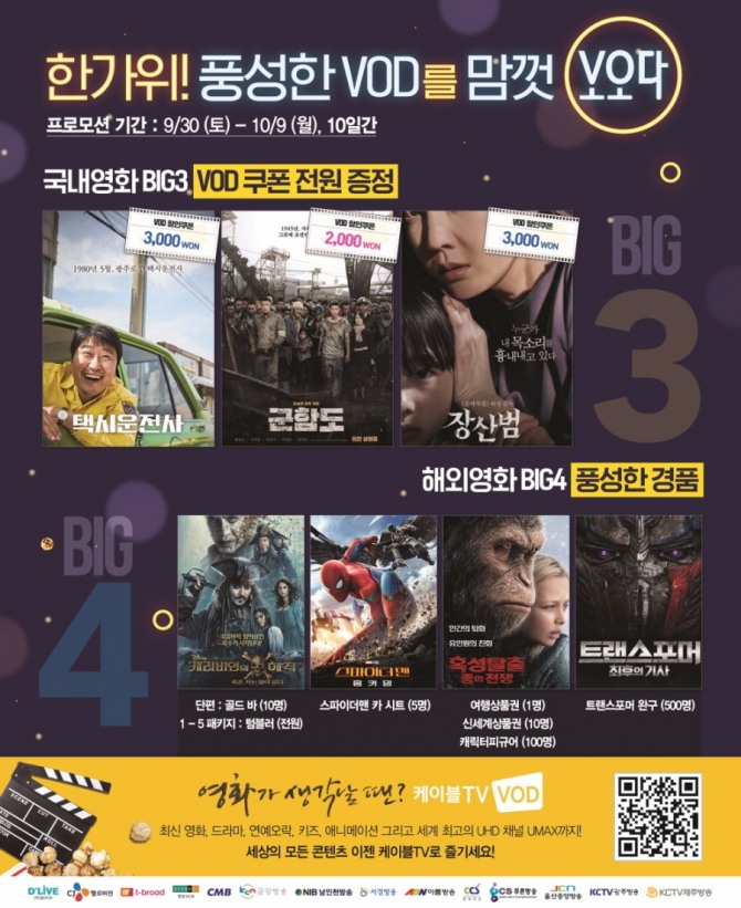 케이블 TV VOD는 국내영화 BIG3 시청자에게 VOD 쿠폰을 전원 증정하고 해외영화 BIG4 시청자에게 추첨을 통해 골드 바 등을 선물한다.