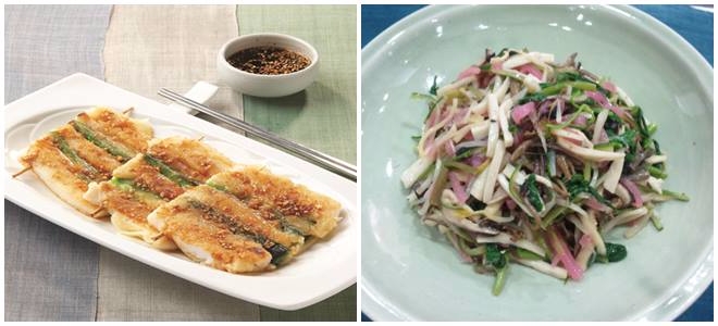 닭가슴살 산적(왼쪽)과 채소잡채. 농촌진흥청=제공