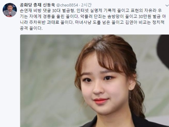2일 전 리듬체조 국가대표 선수 손연재 씨와 관련한 인터넷 악성 댓글 게재 혐의 등으로 약식기소된 서모(30) 씨에게 벌금형 30만원이 선고된 가운데 공화당 신동욱 총재가 트위터 글을 남겼다. 사진=신동욱 트위터