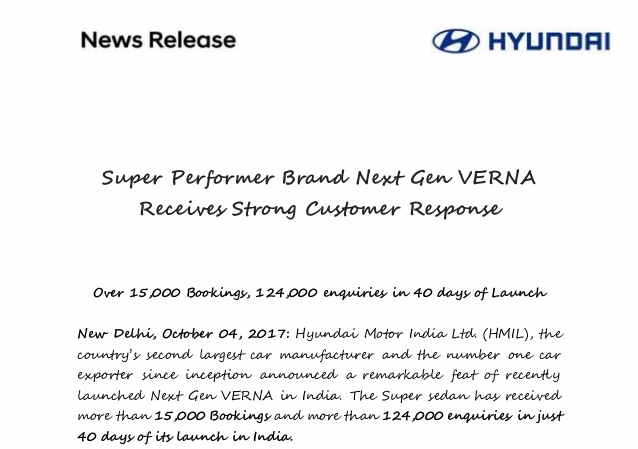 현대차 인도법인(HMIL)는 발표한 신형 베르나 예약판매 대수 등에 대한 보도자료.