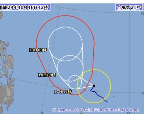  제21호 태풍 '란 (LAN)' 이 16일 오전 9시 필리핀 팔라우 북북동쪽 약 300 km 부근 해상에서 서북서진하고 있다.일본기상청이 발표한 이날 낮 12시 발표 기상화면을 보니 21호 태풍 란이 방향을 틀어 한반도를 향하고 있다. /사진 =일본 기상청 