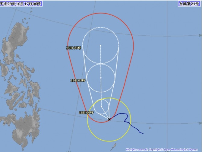 일본기상청이 이날 오전 6시 발표한 21호 태풍 란 이동경로/일본기상청