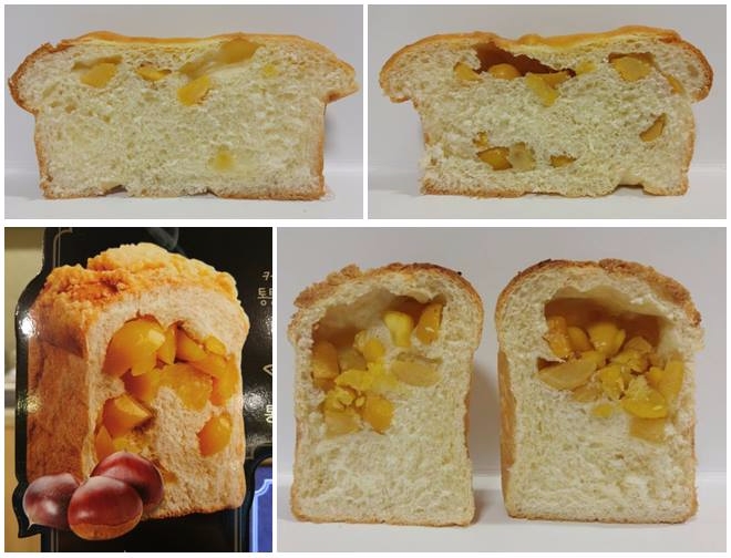 식빵 속을 밤으로 채운 마노핀 ‘꿀밤식빵’(상단)과 설빙 ‘통밤듬뿍’을 절반으로 잘라 비교했다. 사진=천진영 기자