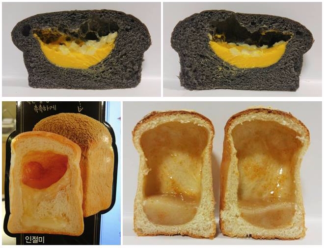 마노핀 ‘블랙치즈식빵’(상단)과 설빙 ‘인절미시그니처’의 단면. 사진=천진영 기자